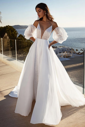 Ivory A Line Lace Wedding Dress With Puff Sleeves